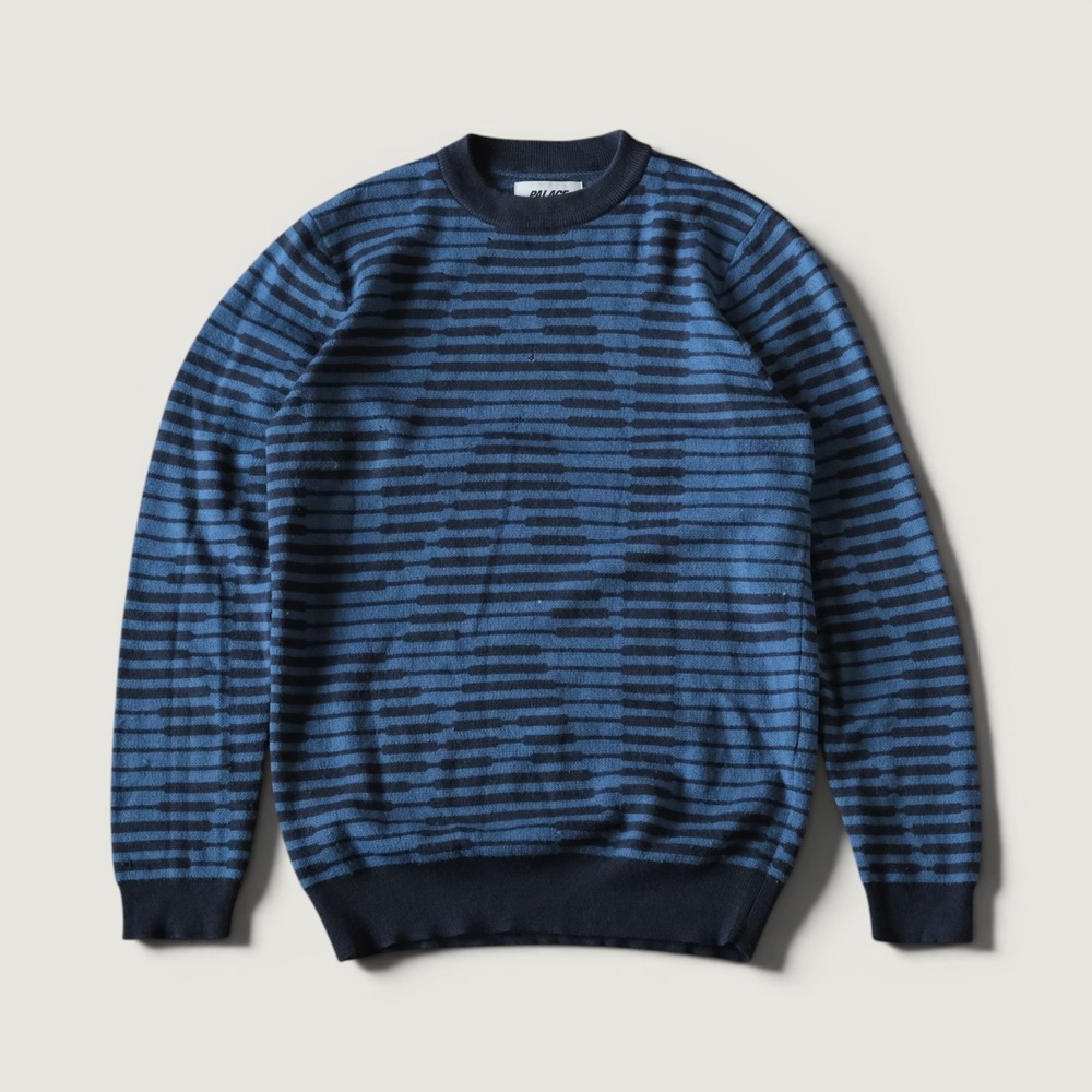 Palace Rep Knit Sweater Mens Indigo Blue Striped Distressed Streetwear M Vintage